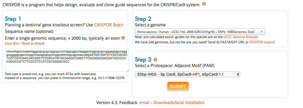 The sequence input page of crispor.org